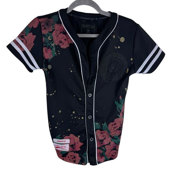 Switch Remarkable Billionaires Club Metallic Gold Roses Button Up Baseball Top M - Picture 1 of 8